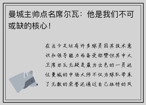 曼城主帅点名席尔瓦：他是我们不可或缺的核心！